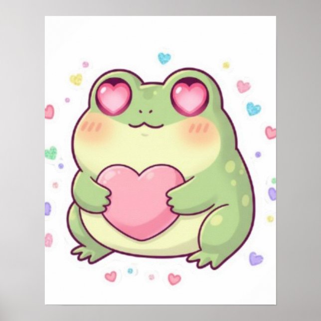 Söt groda som håller hjärta Poster Kawaii groda Es (Framsidan)