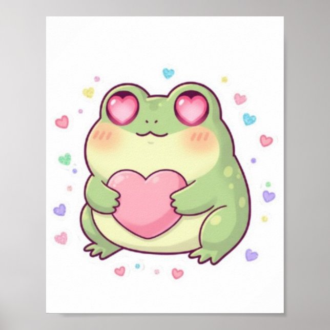 Söt groda som håller hjärta Poster Kawaii groda Es (Framsidan)