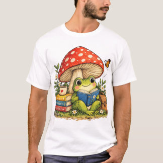 Söt groda som läser under svamp Bokälskare design T Shirt