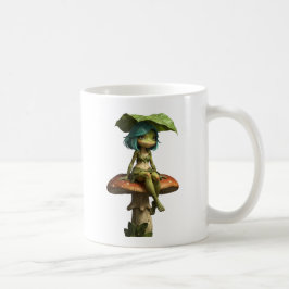 Söt grodflicka som sitter på svamp kaffemugg
