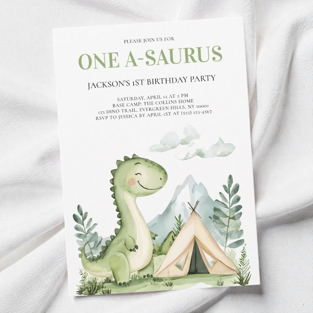 Söt grön akvarell-dinosaurie 1-års födelsedagsfest inbjudningar (Cute Green Watercolor Dinosaur 1st Birthday Party Invitation)