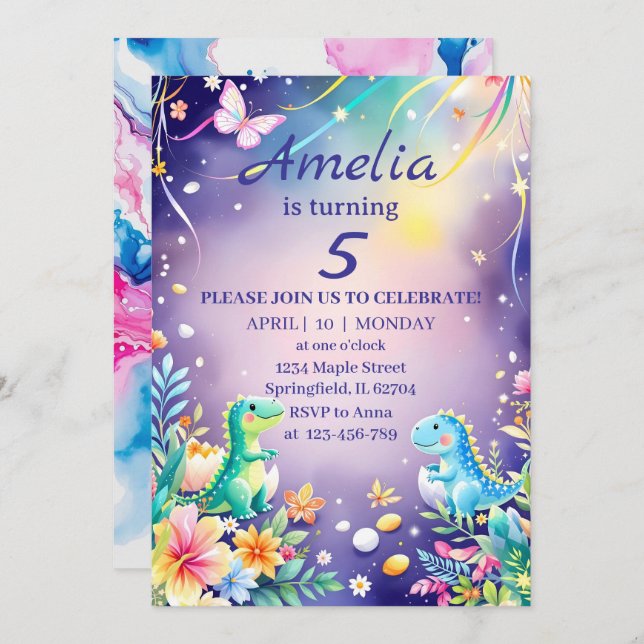 Söt grön baby-dinosaurie med blå tema inbjudningar (Fram/baksida)