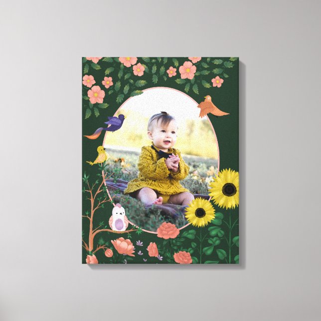 Söt grön blomstergrafik för barnkammaren med nyföd canvastryck (Framsida)