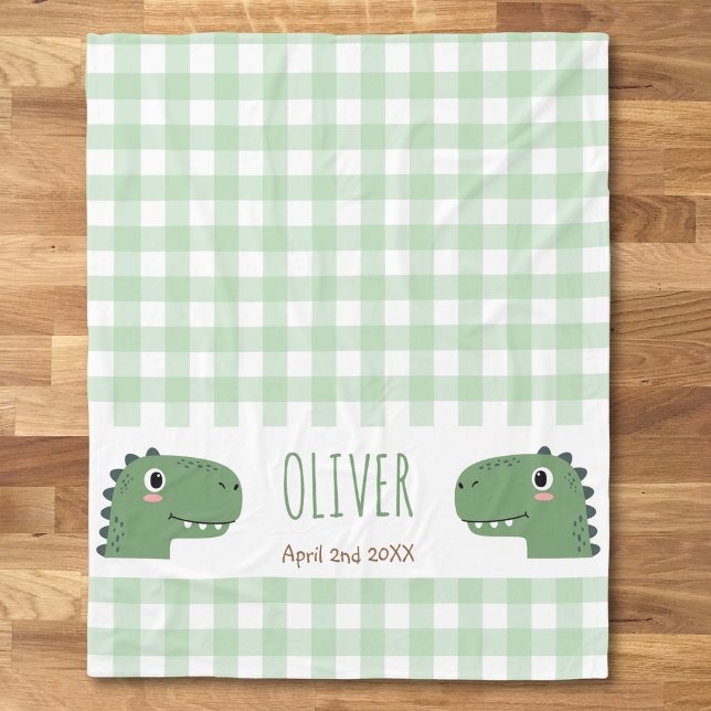 Söt grön dinosaurie huvud1 Gingham namn födelsedag Fleecefilt (Skapare uppladdad)