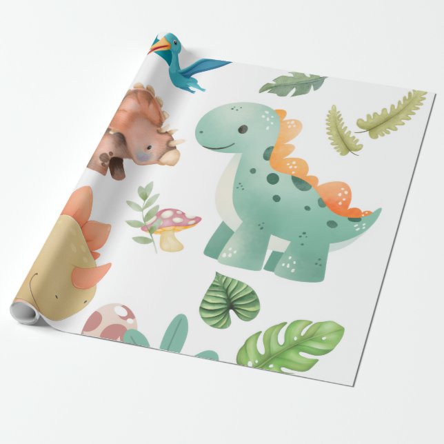 Söt grön dinosaurie presentpapper (Utrullad)