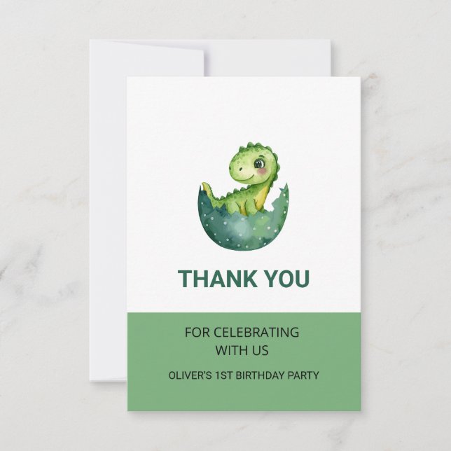 Söt Grön Dinosaurie Vattenfärg Barnkalas  Tack Kort (Framsida)