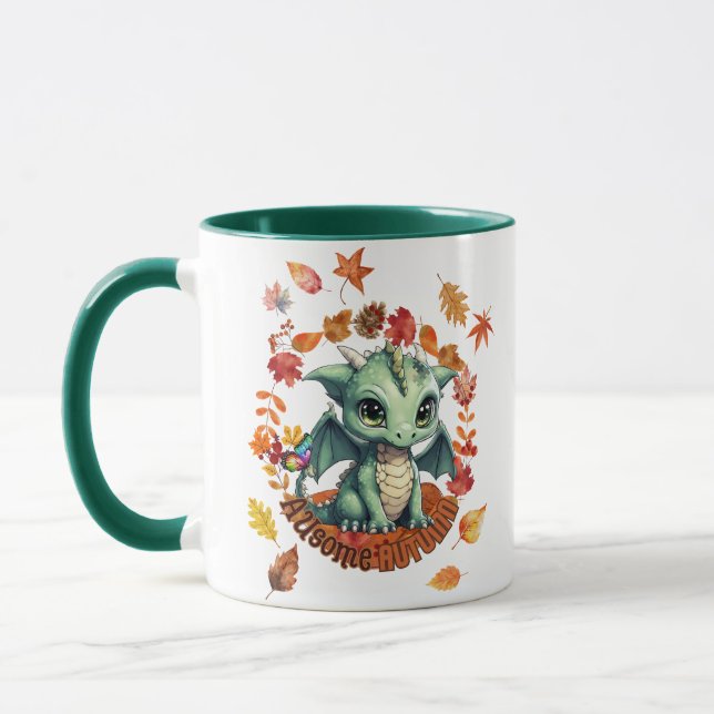 Söt Grön Drak “Autism Fantastisk Höst” Design  Mugg (Vänster)