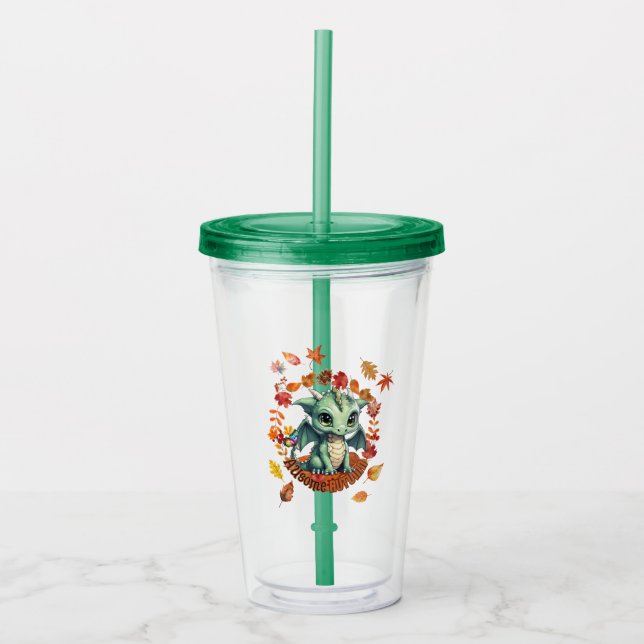 Söt Grön Drak “Autism Fantastisk Höst” Design  Take Away Mugg (Framsida)