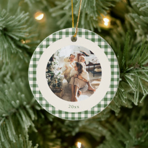 Söt grön gingham anpassad foto årsprydnad julgransprydnad keramik