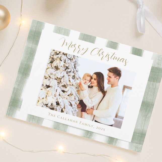 Söt grön gingham-ruta anpassad foto jul julkort (Elegant Cute Green Gingham Plaid Custom Photo Merry Christmas Card - Chic vintage style holiday card)