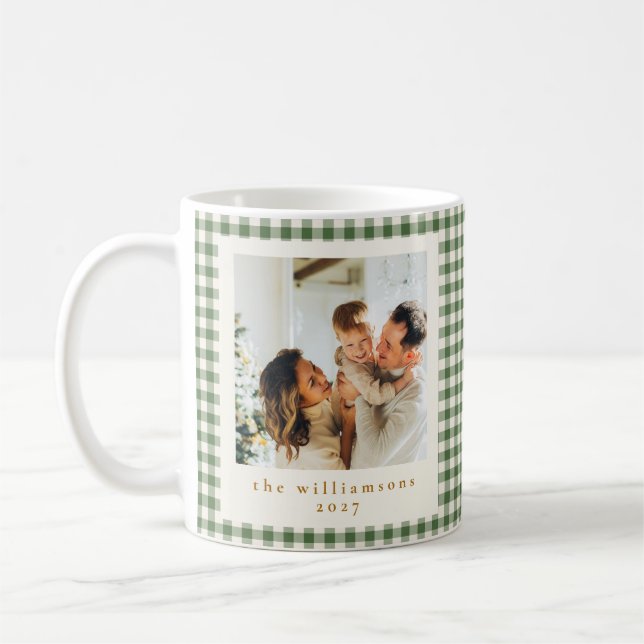 Söt grön gingham-rutig anpassad foto jul kaffemugg (Vänster)