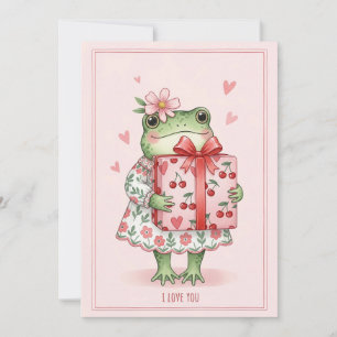 Söt Grön Groda i Blommig Klänning Julkort