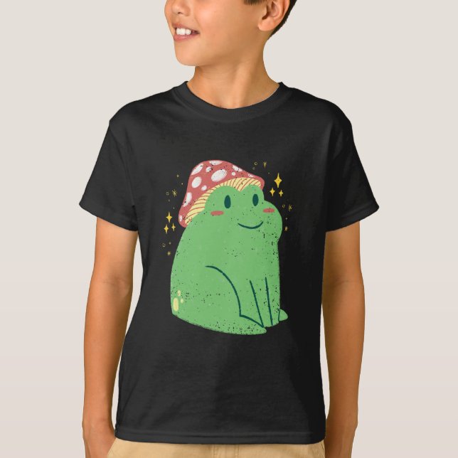 Söt Grön Groda med Svamp Hatt T Shirt (Framsida)