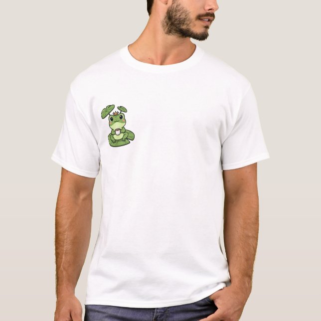 Söt grön groda som bär krona och dricker kaffe t shirt (Framsida)