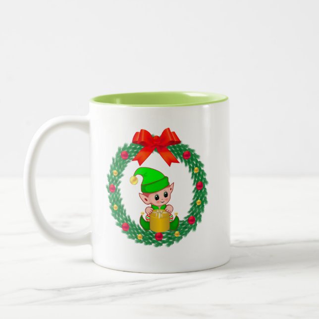 Söt grön jul-tomte & julkrans Två-Tonad mugg (Vänster)