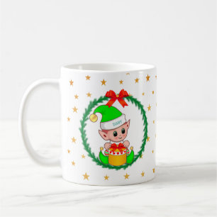 Söt grön jul-tomte, tallkrans & stjärnor kaffemugg