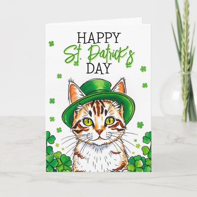 Söt grön katt med shamrocks St Patrick's Day Kort (Framsida)