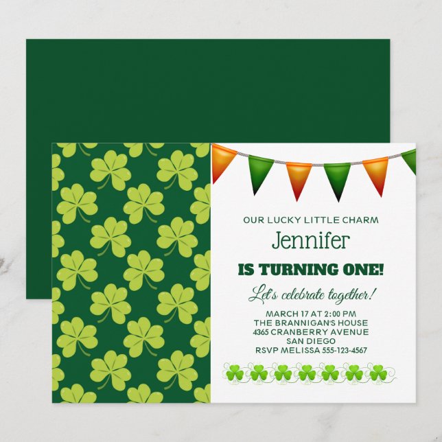 Söt grön klöver Shamrock-mönster födelsedag Inbjudningar (Fram/baksida)