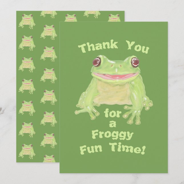 Söt grön lövgroda - barnkalas. tack kort (Fram/baksida)