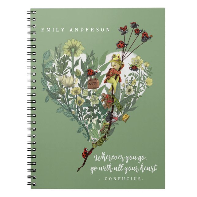 Söt grön nyckelpiga inspirerande äventyrs-citat anteckningsbok (Framsidan)