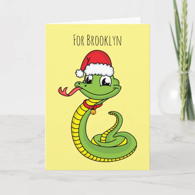 Söt grön orm med jultomte hatt seriefigur kort (Framsida)