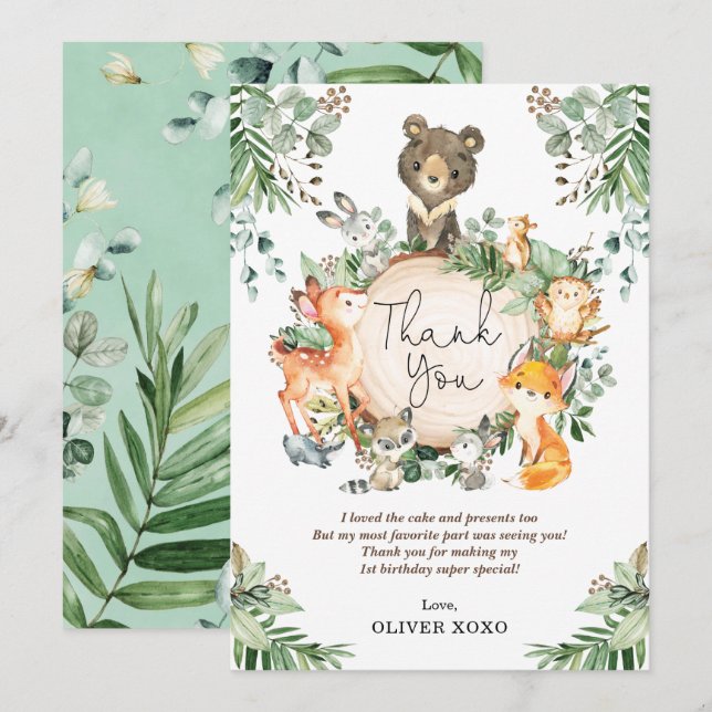 Söt grön skogsfest för djur tack kort (Fram/baksida)