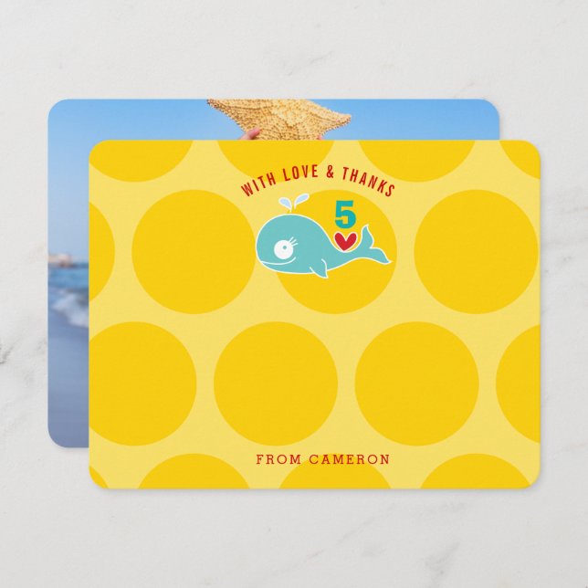 Söt Grön Tecknad Val Kid Födelsedagsfest Foto Tack Kort (Fram/baksida)