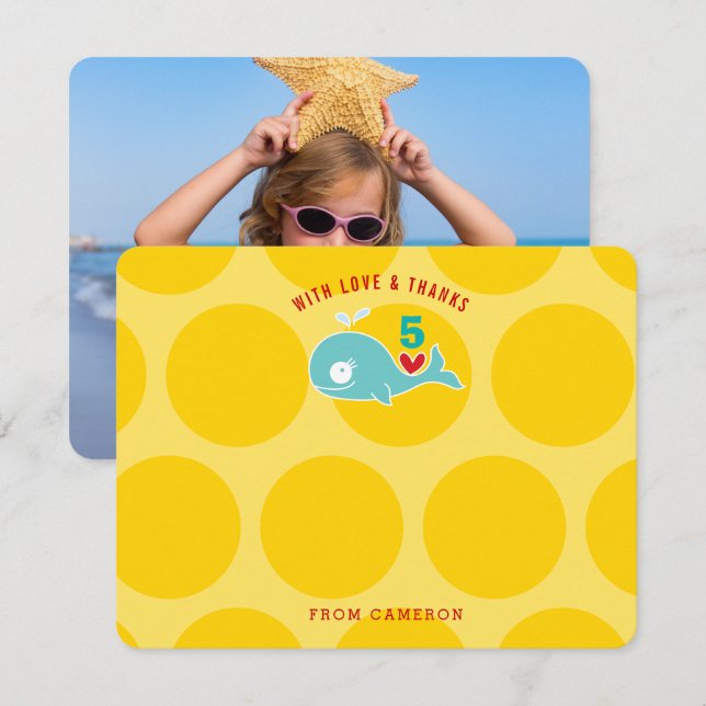 Söt grön tecknad val pojke födelsedagsfest foto tack kort (Fram/baksida)