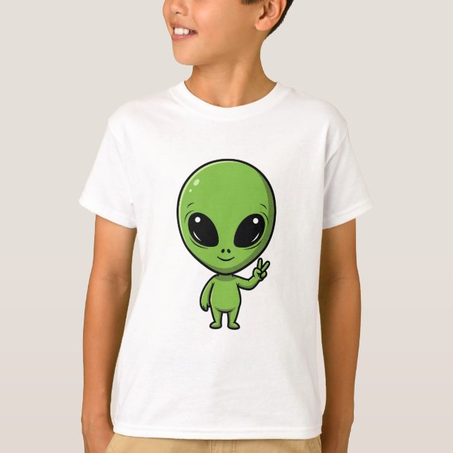 Söt grön utomjording fredstecken barn t shirt (Framsida)