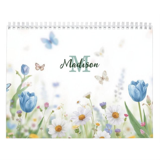 Söt grön vårblomma vildblomsbukett monogram kalender (Omslag)
