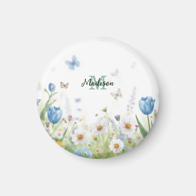 Söt grön vårblomma vildblomsbukett monogram magnet (Framsidan)