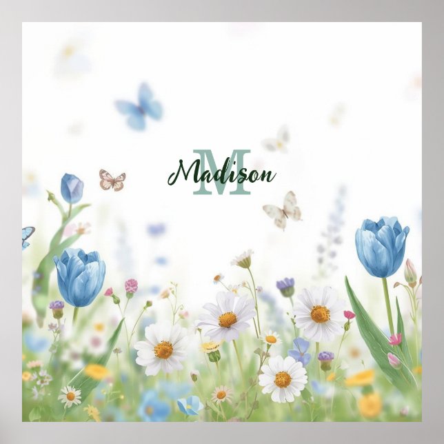 Söt grön vårblomma vildblomsbukett monogram poster (Framsidan)