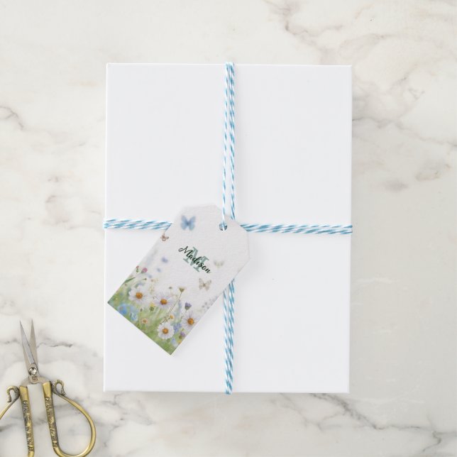 Söt grön vårblomma vildblomsbukett monogram presentetikett (Med Snöre)