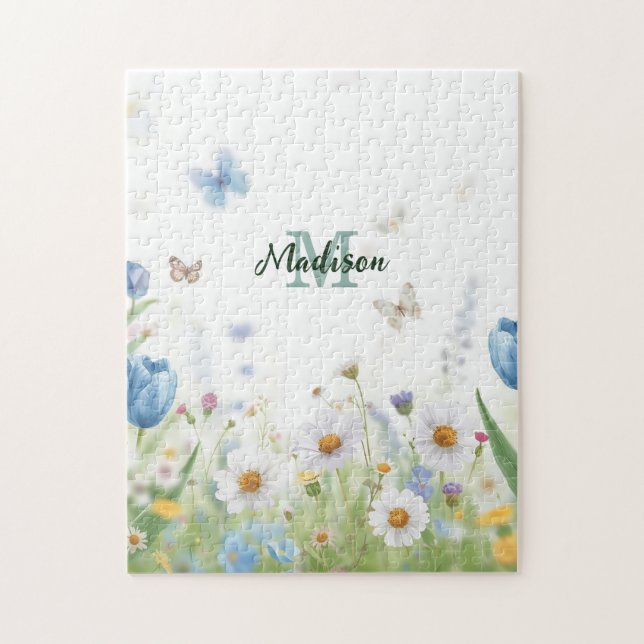 Söt grön vårblomma vildblomsbukett monogram pussel (Vertikal)