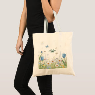Söt grön vårblomma vildblomsbukett monogram tygkasse