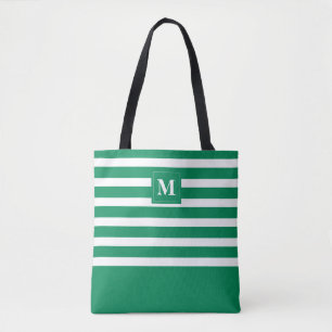 Söt grönrandig monogram strand tygkasse