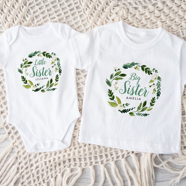 Söt grönska Blommig Lillasyster Namn Monogram T Shirt (Skapare uppladdad)