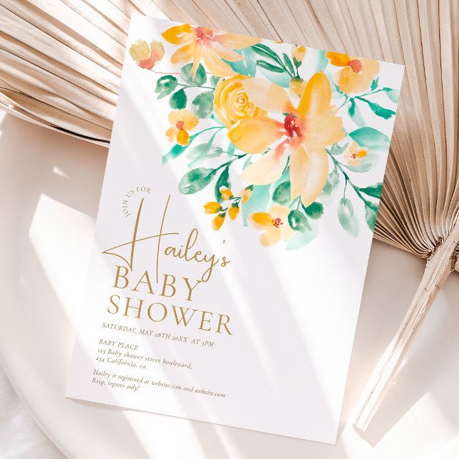 Söt grönt gult  blommigt babydusch för   inbjudningar (Pretty garden yellow green floral baby shower invitation)