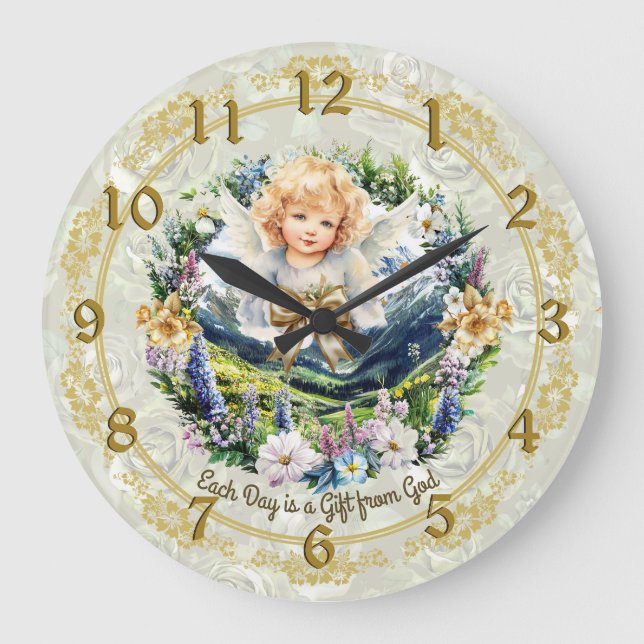 Söt Grönt inspirational Angel Cherub Stor Klocka (Framsida)