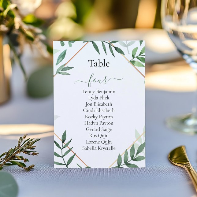 Söt grönt löv Bordsnummer Sittdiagram för   (Pretty green leaves, geometric border wedding reception party table number, seating chart)