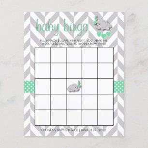 Söt Grönt och Grått Elephant 🐘 Baby Shower Bingo Flygblad