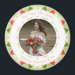 Söt Grönt Red Bröllop Keepsaké Photo Gift Magnet<br><div class="desc">Söt Grönt och Red Bröllop Keepsaké Photo Gift Magnets. I vår och sommartid färg av grönt och pastellsocker och rosa av klarrött. En modern geometrisk mönster runt gräns, i vår och sommar, omger bild i mitten. Byt ut fotot på den här budgetvänliga kylmagneten mot en bild i din egen bröllop...</div>