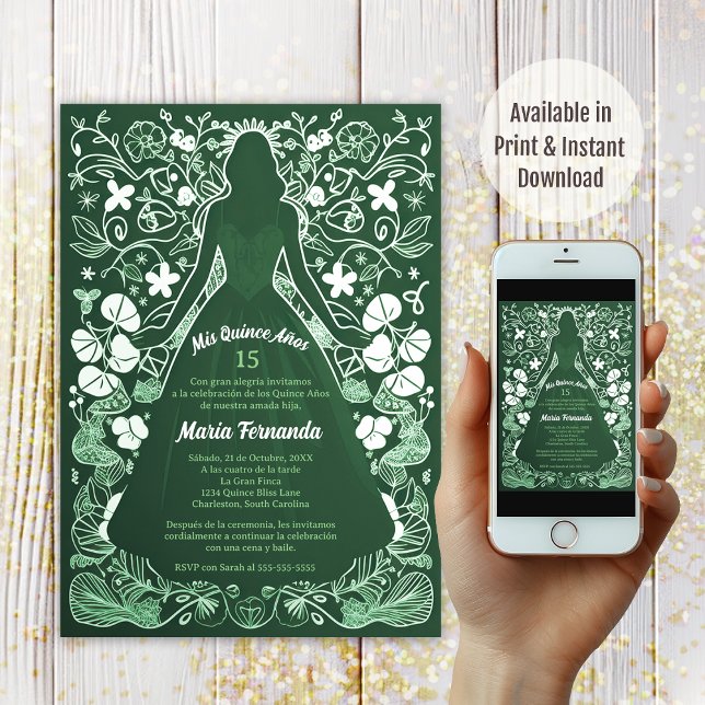 Söt Grönt verde Mis Quince Años Quinceañera Inbjudningar (Skapare uppladdad)