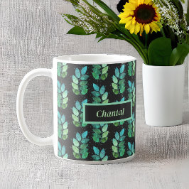 Söt Grönt Watercolory Fern Mönster med Namn Kaffemugg