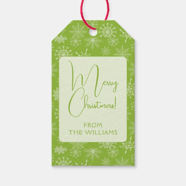 Söt Grönt White Snöflingor Helgdag jul Presentetikett (Framsidan)