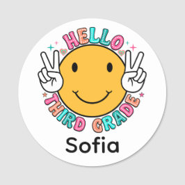 Söt Groovy Glad Smiley Ansikte Hej Tredje Klass He Namnbricka