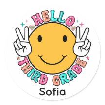 Söt Groovy Glad Smiley Ansikte Hej Tredje Klass He
