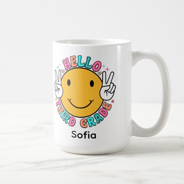 Söt Groovy Glad Smiley Ansikte Hej Tredje Klass Ti Kaffemugg (Höger)