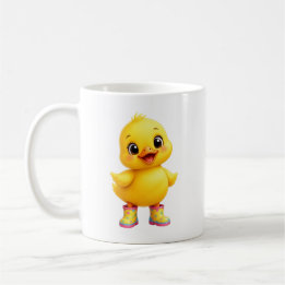 Söt gul ankunge som bär färgglada regnstövlar kaffemugg