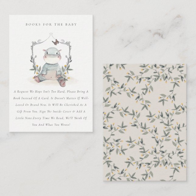 Söt gul babyflodhäst fauna böcker för baby shower tilläggskort (Fram/baksida)